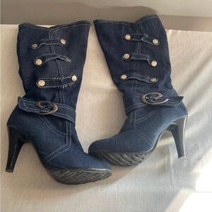 Women’s Dark Blue Denim High-Heel Mid-Calf Boots